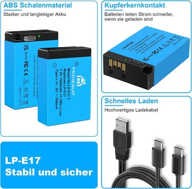 Акумулятор LP-E17 1300mAh Homesuit та LED-зарядний пристрій Dual USB для Canon Rebel SL3, SL2, T8i, T7i, T6i, T6s, EOS R10, R50, R8, RP, M3, M5, M6, 200D, 77D, 750D, 760D, 800D, 8000D (2 шт.)