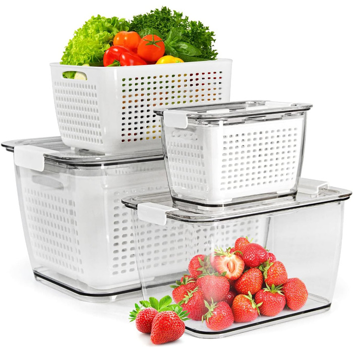 Freshness Food Storage Containers Set Refrigerator Organizer Reusable Storage Containers 3-Piece Set (0.5L+1.7L+4.5L) Plastic Refrigerator Organizer Set with Lid and Strainer (White, 3-Piece Set)