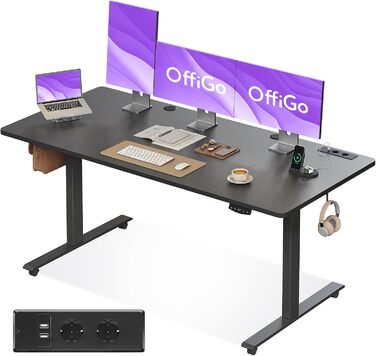 Регульований стіл OffiGo 160x70 см: електричний, з USB, 2 пам'яті, для офісу та дому, чорний