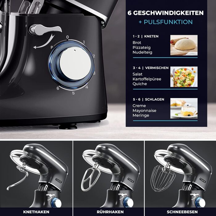 Fentic Stand Mixer - 2000W - Stainless Steel Mixing Bowl (6.2 L) - Stand Mixer with Dough Hook, Beater Hook, Whisk, and Splash Guard - Includes Additional Accessories - Black