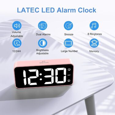 LED-годинник LATEC з двома будильниками, USB-порт для зарядки, регулювання яскравості, гучність 90-120 дБ, 8 мелодій, 12/24 год, мережевий (рожевий)
