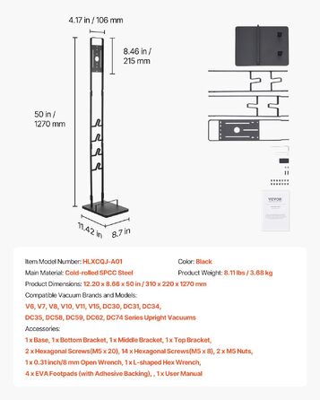 Стійка для бездротового пилососа Dyson V6 V7 V8 V10 V11 V15 з 4 гаками, чорна - VEVOR