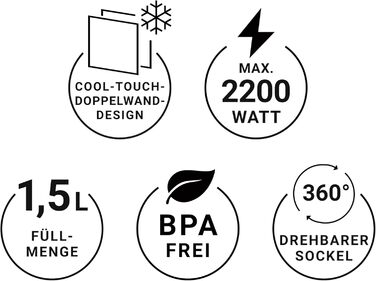 Електричний чайник з подвійними стінками Nordic Grey, 1.5 л, бездротовий, 2200 Вт, 360° обертання