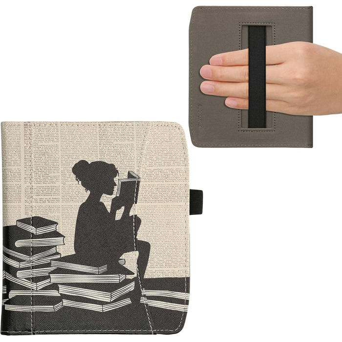 Чохол-книжка kwmobile для Pocketbook Era/Era Color з кишенею та петлею для руки - з дизайном 'Читаюча жінка' чорно-бежевий