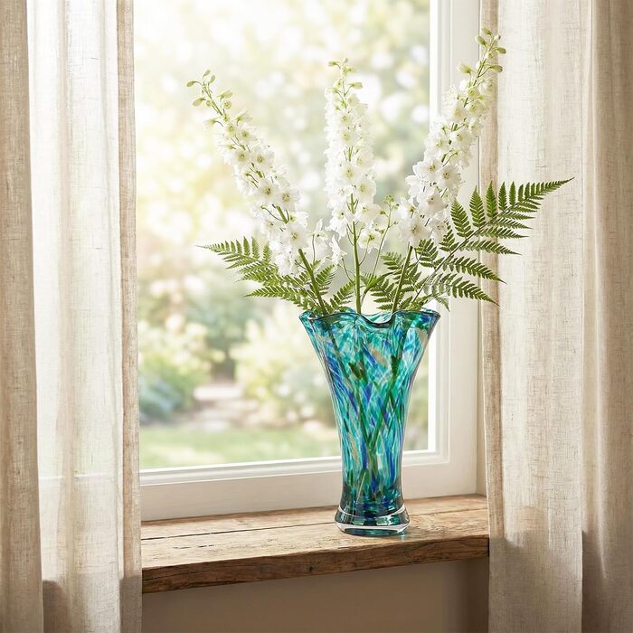 Скляна ваза для квітів, ручної роботи, зелена, для дому та декору, 22.9 см, відтінок блакитно-зелений 