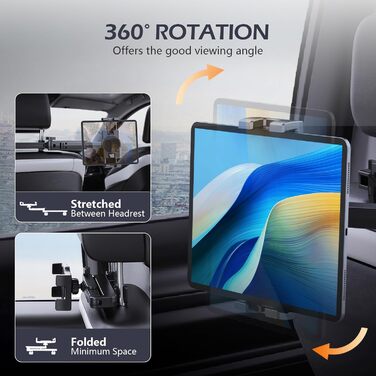 Тримач для планшета Romon у автомобіль, кріплення до підголівника, універсальний, 360° обертання, для смартфонів та планшетів 4.7-13'