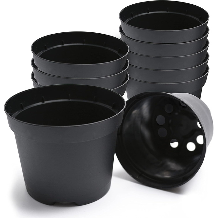 Prime Garden® Круглі пластикові горщики для розсади та квітів, чорні, 31 см, 12 л, набір 10 шт, для дому і вулиці