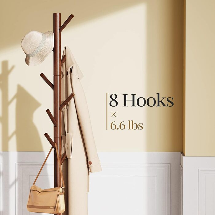 Pipishell Coat Rack, Clothes Rack, Garment Rack, Tree-Shaped Wardrobe, 3-Height Adjustable, for Clothing, Hat and Handbag, for Living Room, Bedroom or Office, With 8 Hooks, (Brown)