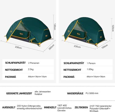 Намет кемпінговий купольний 1-2 місця Campingzelt водонепроникний, вітростійкий, для походу, кемпінгу, активного відпочинку (зелений)
