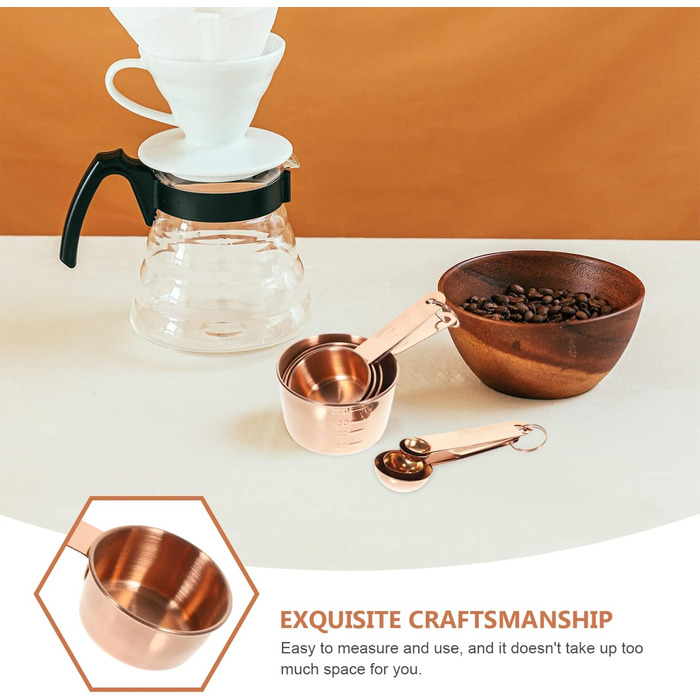 Amosfun 3-Piece Measuring Spoon Measuring Cup Set - Measuring Cups for Dry Ingredients - Basic Kitchen Utensil - Spoon Mini Cups with Lid and Straw - Reusable Cutlery - Drinking - Stainless Steel - Rose Gold