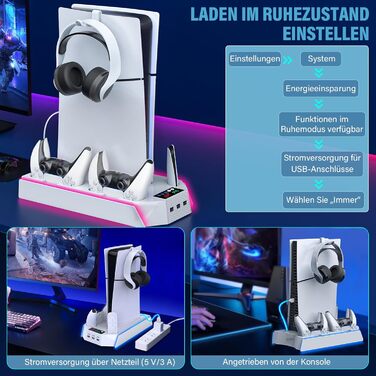 Підставка для PS5 Slim/Pro з зарядною станцією для контролера, RGB підсвічуванням, вентилятором, тримачем для навушників та USB хабом (чорний/білий)