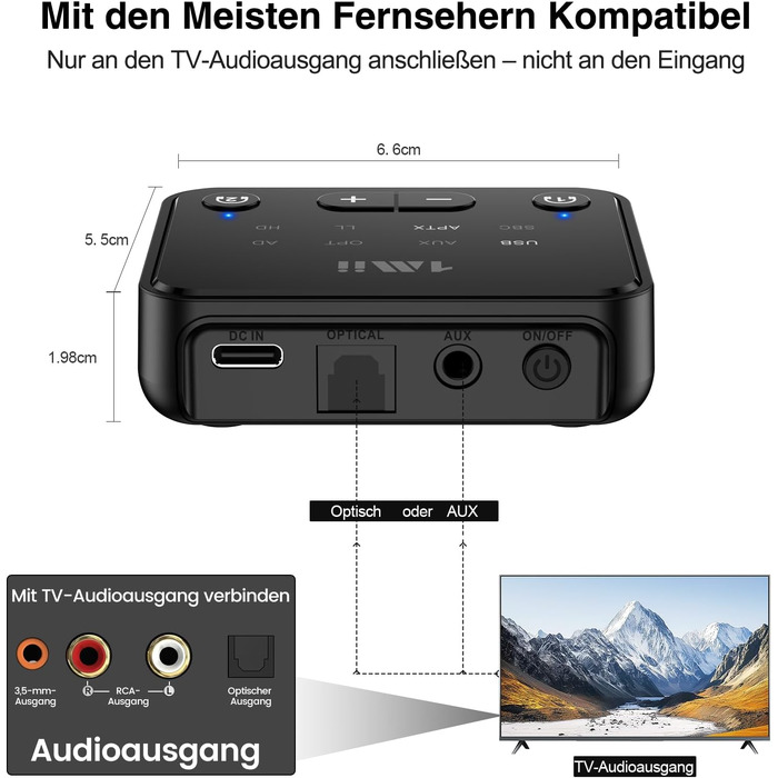Bluetooth 5.3 трансмітер 1Mii для телевізора з підтримкою aptX Low Latency та Dual Link, B06T6-US