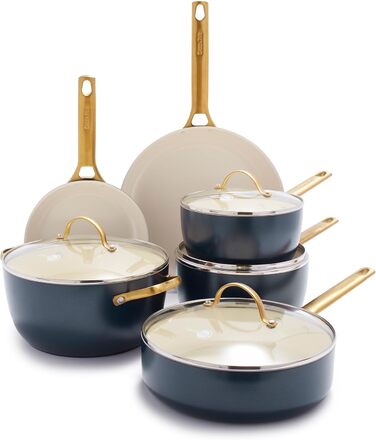 GreenPan Reserve Hard Anodized Healthy Ceramic Nonstick 10 Piece Cookware Pots and Pans Set, Gold Handle, PFAS-Free, Dishwasher Safe, Oven Safe, Twilight Blue (Klein Blau)