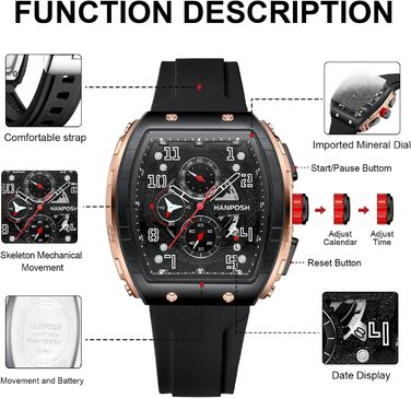 HANPOSH Чоловічий годинник: аналоговий кварцовий годинник, водостійкий спортивний годинник, тактичний годинник (чорний, золотий)