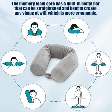 Подушка для шиї у вигляді U, Memory Foam, з чохлом, навушниками, маскою для сну, сіра. Для подорожей, авто, офісу