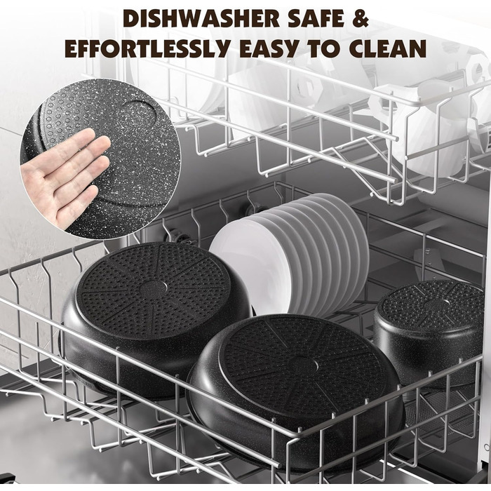 Набір посуду YASHE 21 предмет: каструлі та сковорідки з антипригарним покриттям, знімні ручки, скляні кришки, індукційний, для духовки, стекуваний, білий (сірий)