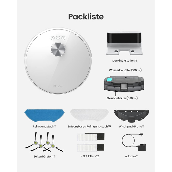 Робот-пилосос LEFANT M1 з функцією миття, картографуванням, 5500Pa, для тварин та твердих поверхонь, керування через додаток/Alexa, білий
