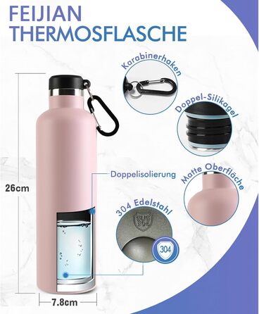 Фляга спортивна Feijian 1L з карабіном - термофляга з нержавіючої сталі, витримує напій з газом, без BPA, для туризму, спорту, школи, велосипеда, армійського кольору (Рожева, 750 мл)
