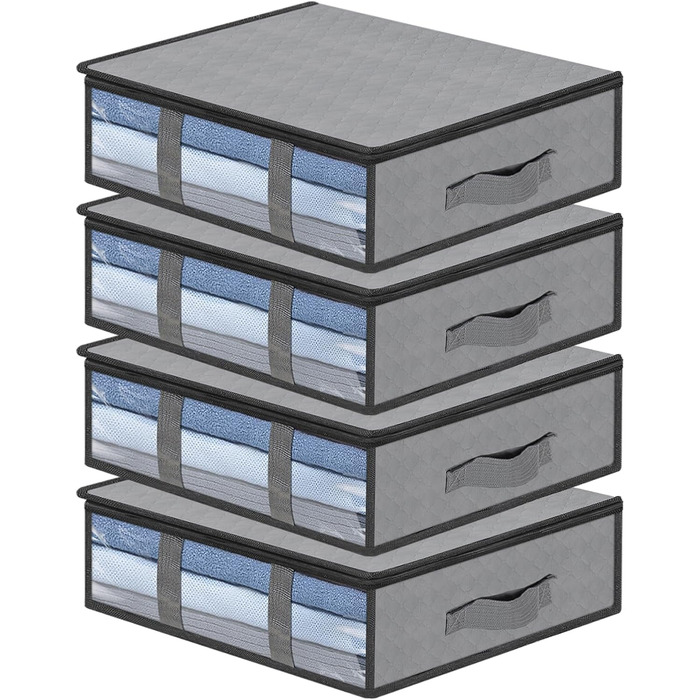 Коробки для зберігання постільних речей AiQInu, 4 шт, 60x45x15 см, сірі. Коробки для білизни з вікном та ручками, складні, для одягу, ковдр, постільної білизни