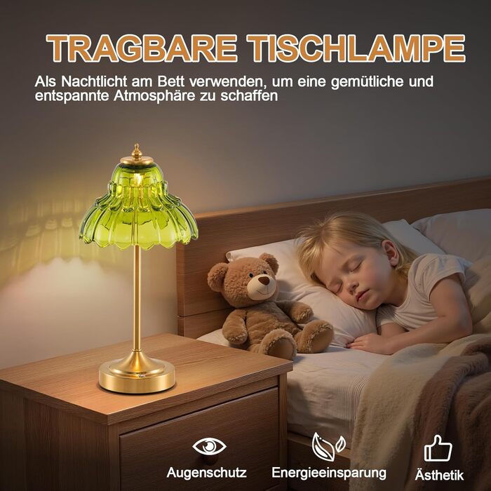 Ретро настільна лампа бездротова, акумуляторна 6000mAh, з регулюванням кольору та яскравості, портативна LED лампа для вітальні, спальні, бару (зелена)