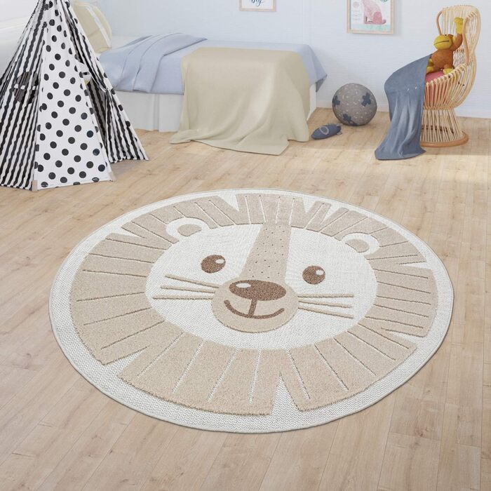Paco Home Kids Rug Children's Room Outdoor Rug Round Play Rug Modern 3D Effect, Size: Ø 120 cm Round, Color: Beige