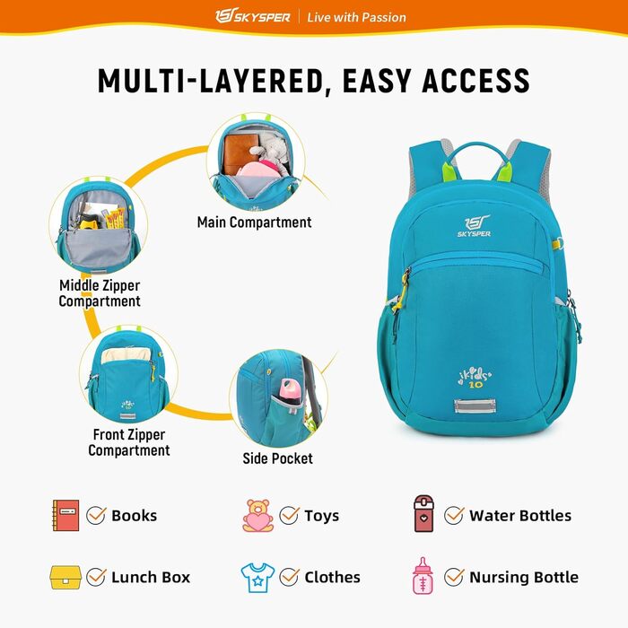 Дитячий рюкзак SKYSPER 10L для хлопчиків та дівчаток, зручний туристичний рюкзак для подорожей, Cyan