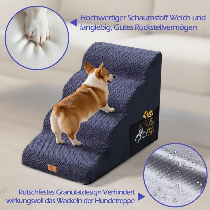Сходинки для собак Eukue: 2/4 сходинки для маленьких собак до ліжка/дивану, з щільного пінополіуретану, портативні, знімний чохол (білий/синій)