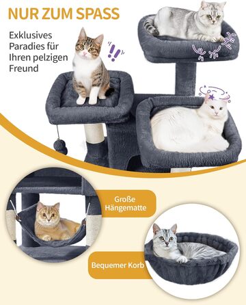 Кігтеточка для котів Hzuaneri, 176 см, XL, 3 платформи, 2 печери, 7 кігтеточних стовпів, гамак, плюшеві кульки, для багатокотових домівок, темно-сірий MS17618SG