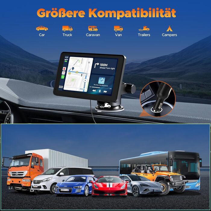 Volam Бездротовий CarPlay/Android Auto дисплей 7 дюймів, сенсорний екран, Mirror Link, навігація, музика, Siri, Google Асистент, Bluetooth 5.0, AUX, FM
