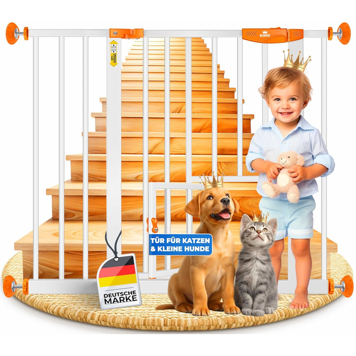 Захисне ворота KIDIZ для котів з люком, без свердління, для дітей, біле | 90° фіксація, поворотне, ширина: 88-101 см, помаранчевий