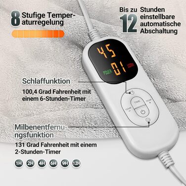 Електрична ковдра Charmofun з автовимкненням, 130x180 см, 8 режимів нагріву, таймер 12 годин, пральна машина, тепла двошарова ковдра з фланцелю для ліжка, дивана, офісу, світло-сіра