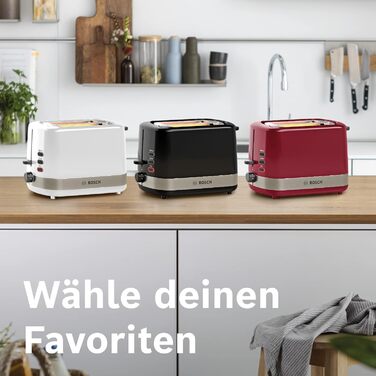 Bosch Compact Toaster ComfortLine TAT6A514, for 2 slices, integrated bagel attachment, with defrost/reheat function, 800W, red