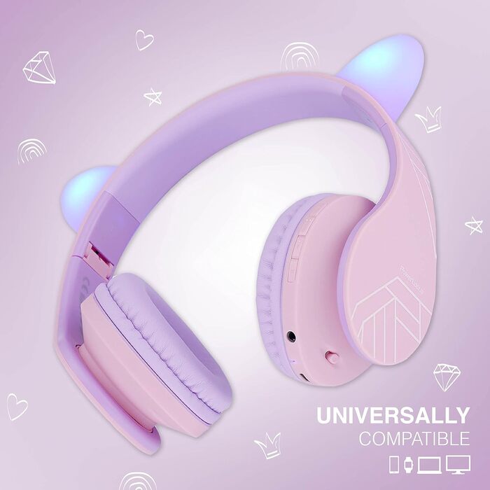Дитячі навушники PowerLocus Bluetooth з обмеженням гучності 85dB, складні, з чохлом, Over-Ear, бездротові та з кабелем, з мікрофоном, Micro-SD, для телефону, ПК, планшета, зелені (рожево-фіолетові з вушками)