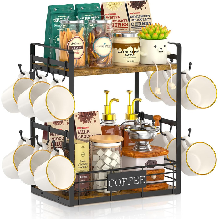 EsLuker.ly 2-Tier Mug Holders and Cup Stands, Mug Shelf for Coffee Cups, Coffee Organizer for Countertop, Coffee Station Organizer with Mug Holder, Vintage Brown-Black (15''H, Vintage Brown + Black)