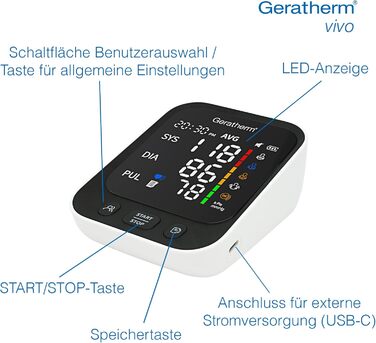 GERATHERM vivo – Точний цифровий тонометр на плечі та пульсометр для двох користувачів з контролем положення манжети та індикатором ВООЗ