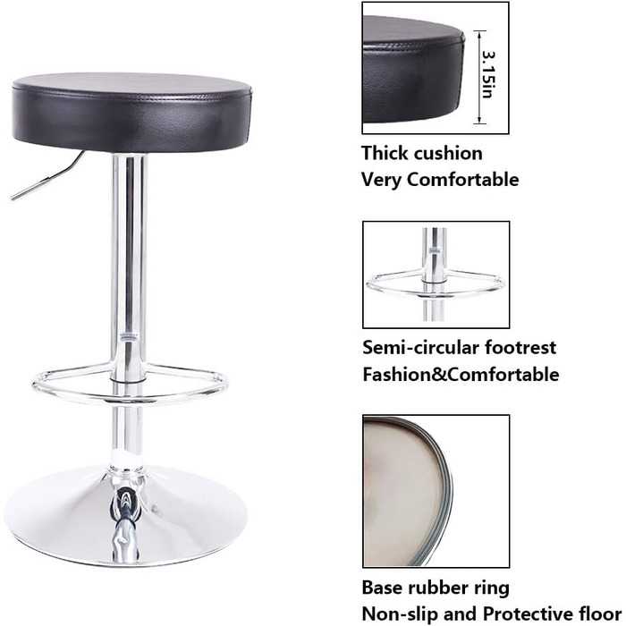 KKTONER Adjustable Height Swivel Bar Stool - PU Leather Office/Spa Work Chair - Black
