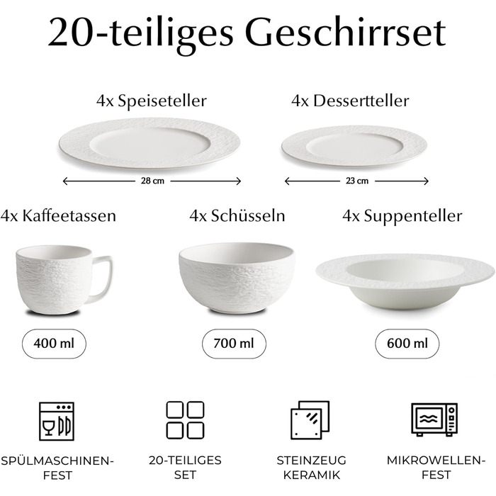MIAMIO Набір посуду 16 предметів/Сучасний керамічний посуд/Набір посуду на 4 персони - Колекція Oasis (16 шт) (Білий, Набір посуду (20 шт))