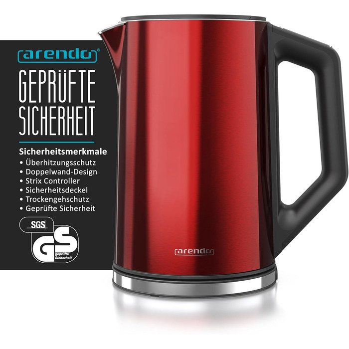 Електричний чайник Arendo з регулюванням температури 40-100°C, 1,5 л, 2200 Вт, модель ELEGANT, червоний