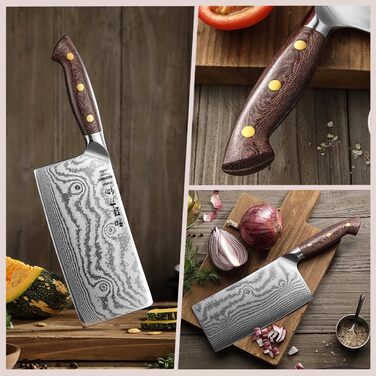 HEZHEN ніж кухарський 21 см дамаст 67 шарів, професійний ніж для кухні з дерев'яною піхвою, full tang ручка з Micarta