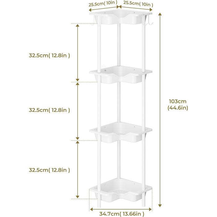 Orimade 4 Piece Shower Shelf Standing Stainless Steel, Shower Storage without Drilling, Corner Shelf with 4 Hooks, Plastic-Metal Construction 25.5 x 25.5 x 103 cm White
