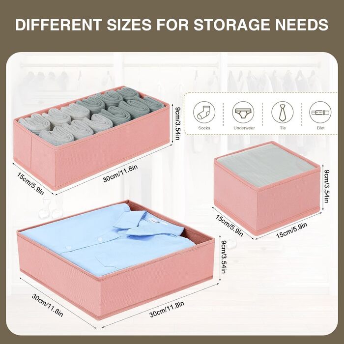 Drawer Organizer - Foldable Underwear Organizer Storage Box Fabric 16 Pieces Organizer Closet for Clothes, Socks (12 Pieces, Pink)