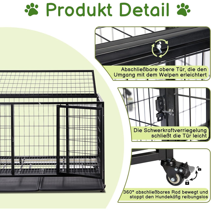Міцна переносна клітка для собак, 109x76x87 см, 2 двері, фіксуючі колеса, знімний піддон – для середніх та великих собак, чорна