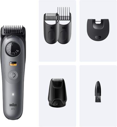 Триммер для бороди Braun Series 5 BT5525: Електрична машинка для стрижки бороди з 5 насадками, водонепроникна, 40 налаштувань довжини, сірий