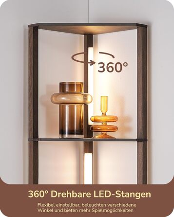 LED торшер EDISHINE з 4 полицями з дерева, торшер для вітальні, регульоване освітлення, 3 колірні температури, поворотний світловий стержень, підсвічування полиць, футовим вимикачем (темно-горіховий)