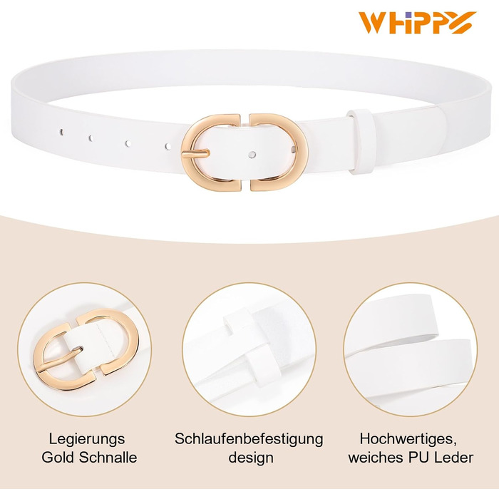 Жіночий шкіряний ремінь WHIPPY для джинсів з золотою пряжкою, розмір L (довжина 120 см)