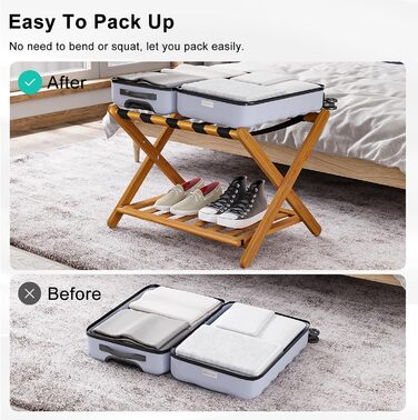 Fully assembled white luggage rack, enhanced bamboo, foldable suitcase stand with 5 nylon straps, luggage holder with shelf for guest rooms, hotel (white luggage rack, 1 piece) (honey, 1 piece)