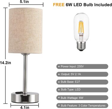 LED-лампа на тумбочку з сенсорним керуванням, диммуванням, USB-портом A+C, тканинним абажуром, металевою основою, для спальні, офісу, вітальні (з лампочкою) (Бежевий)