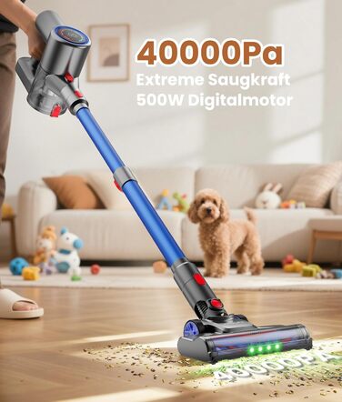 Версліф: Бездротовий акумуляторний пилосос 500W, 45 хв роботи, 40kPa, з LED-дисплеєм, для дому, авто, прибирання шерсті тварин, синій