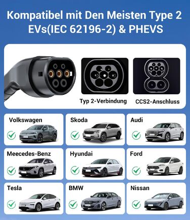 Зарядний кабель для електромобіля Type 2 Schuko 3.7кВт, 7м, 6-16А, 1-фазний, чорний