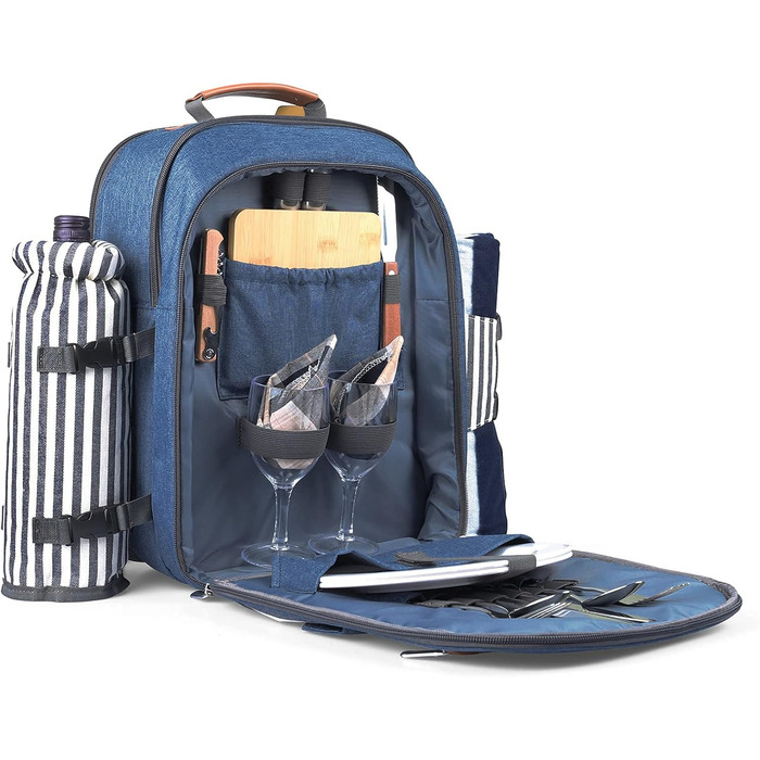 Sunflora Picnic Backpack Set for 4 People with Insulated Cooler and Blanket, Picnic Basket for 4 People for Camping and Outdoor Activities (Blue & Stripes, 2 Person)